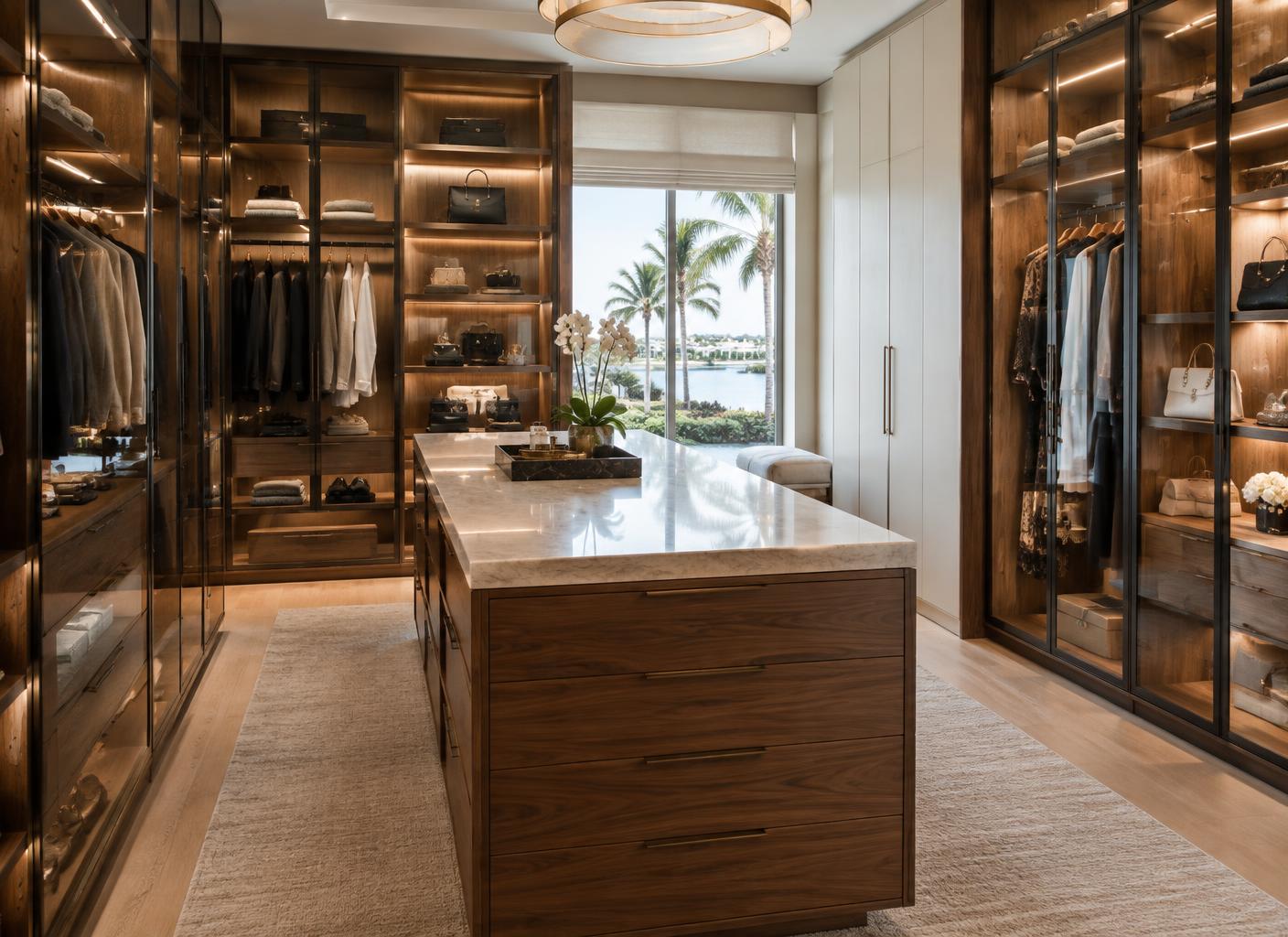 Closet design concept with walnut cabinetry and illuminated display storage