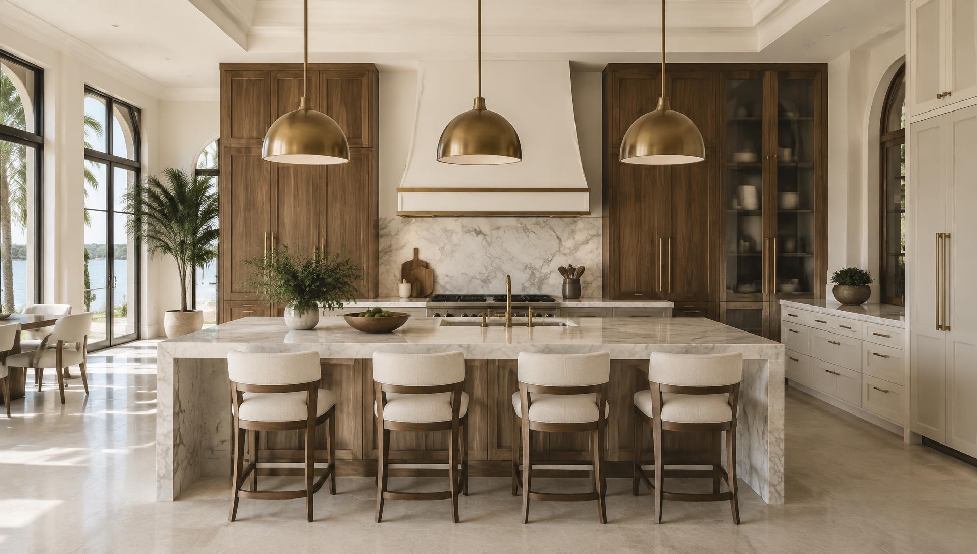 Luxury Boca Raton kitchen with walnut cabinetry, marble island and brass pendant lights
